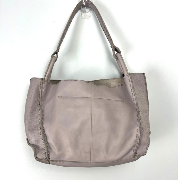 The Sak Floral Embossed Leather Hobo Shoulder Bag Grey Whipstitch Tassel Boho - Picture 7 of 13